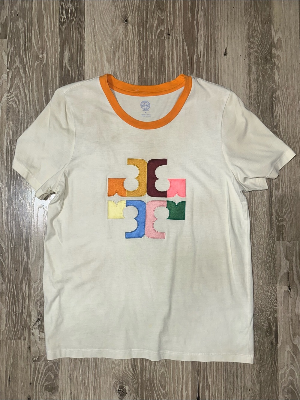 Tory Burch Cream Graphic Tee with Orange Trim and Multicolor Appliqué Large - Picture 4 of 7